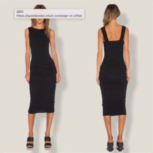 James Perse Open Back Skinny Ruched Midi Dress in Noir Black - Picture 1 of 10